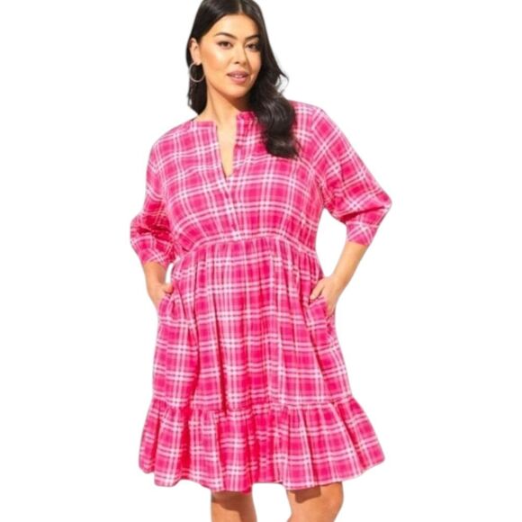60% OFF NEW TORRID Plus Size Pink, White Plaid Mini Voile Mandarin Collar Dress - Picture 1 of 16